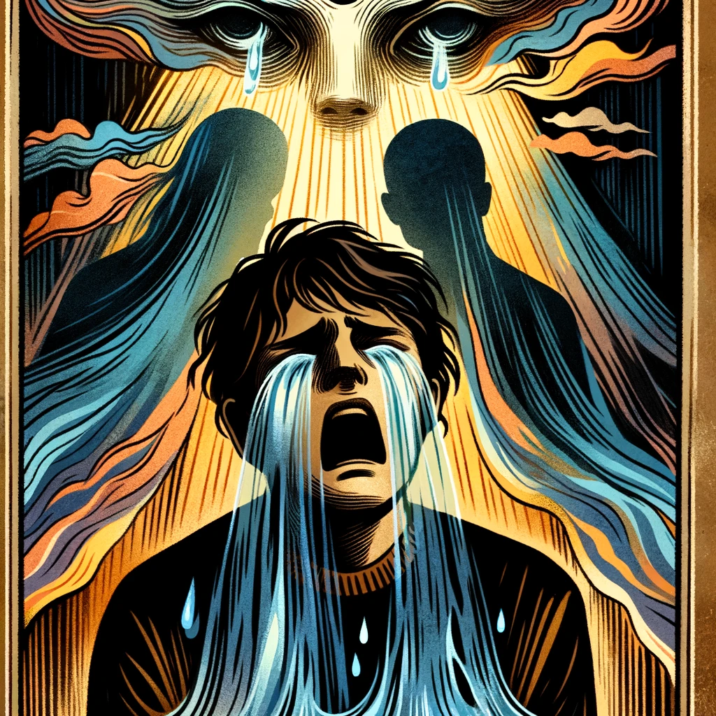 A tarot-style illustration depicting a person crying in a dream. Their tears flow from the dream world into the real world. The background features deep, emotional hues of light and shadow, symbolizing intense feelings. Behind the person, there are silhouettes of other people, suggesting family or others crying, blending into the background.
