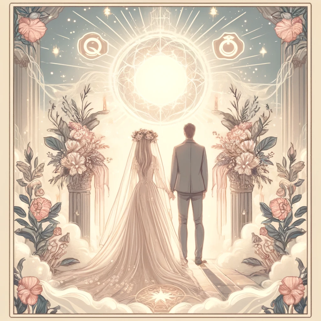 A tarot-style illustration depicting a dreamy wedding scene. The image features a bride and groom standing at an altar, surrounded by symbolic elements like rings, flowers, and a soft, ethereal light. The background includes mystical patterns, giving a sense of otherworldly significance. The overall color scheme is gentle and pastel, with a focus on creating a serene and magical atmosphere.